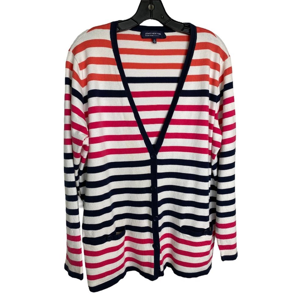Jones New York Signature Woman 2X Striped Cardigan Pink Navy White Nautical